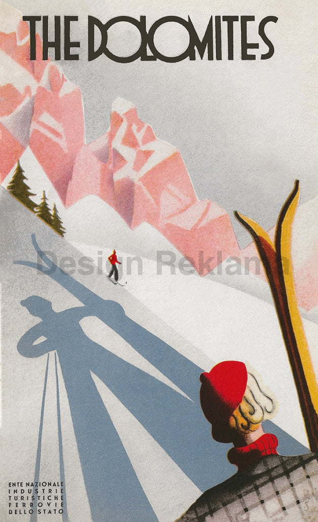 Skiing in the Dolomite Mountains, Italy circa 1933 Published by the ENIT. Framed Vintage Travel Poster Vintage Travel Poster Design Reklama